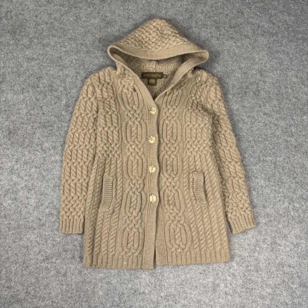 Inis Crafts Womens Merino Wool Aran Cable Knit Hooded Cardigan Sweater Tan Med